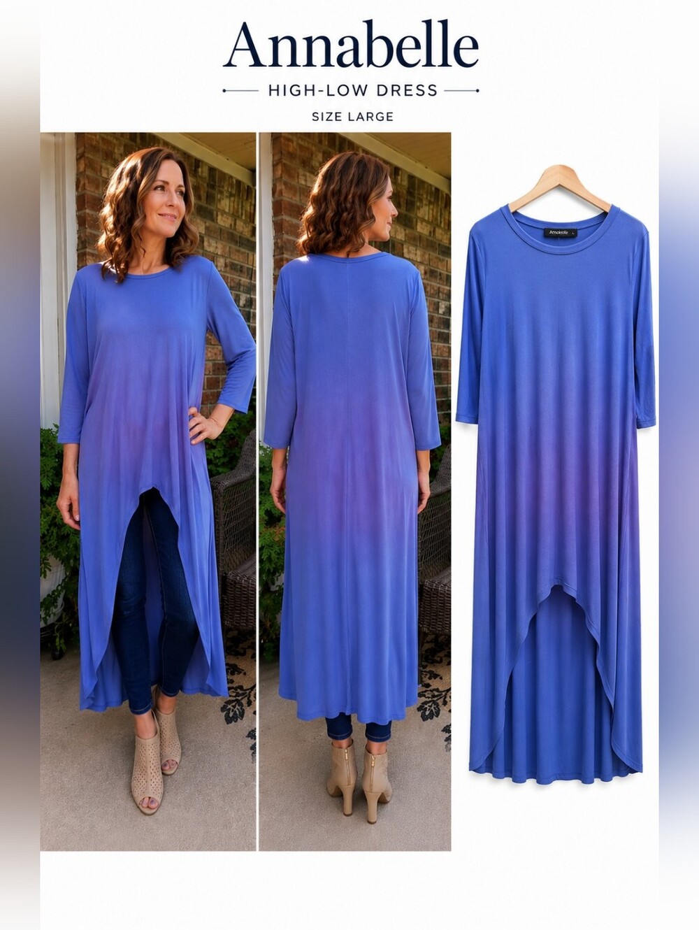 Annabelle High Low Maxi Tunic Dress Blue Purple Boho Flowy L Chic Casual